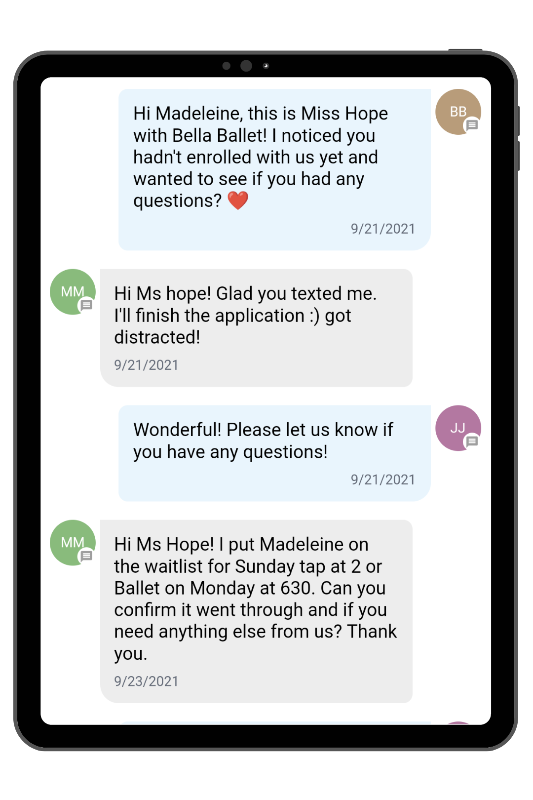 Example of an automated text follow-up to a website lead in Enrollio