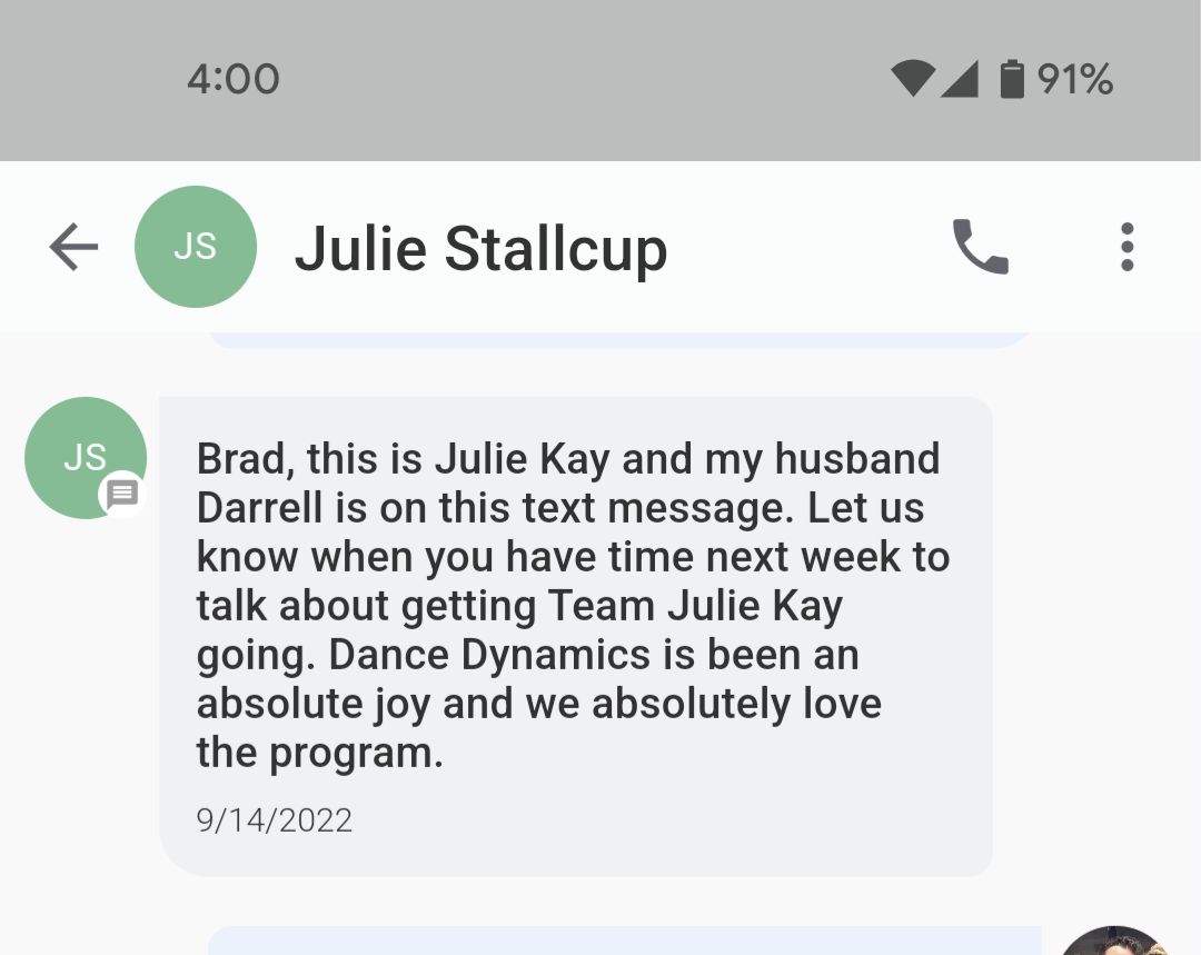 Customer text saying the program has been an absolute joy